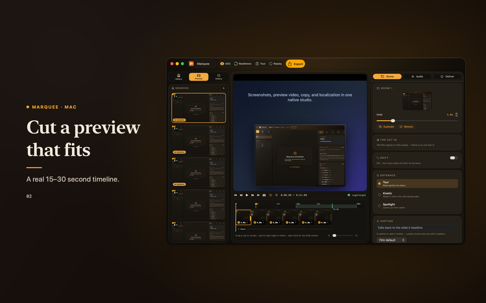 The App Preview editor: a six-scene timeline with a poster marker and the 15–30 second window.