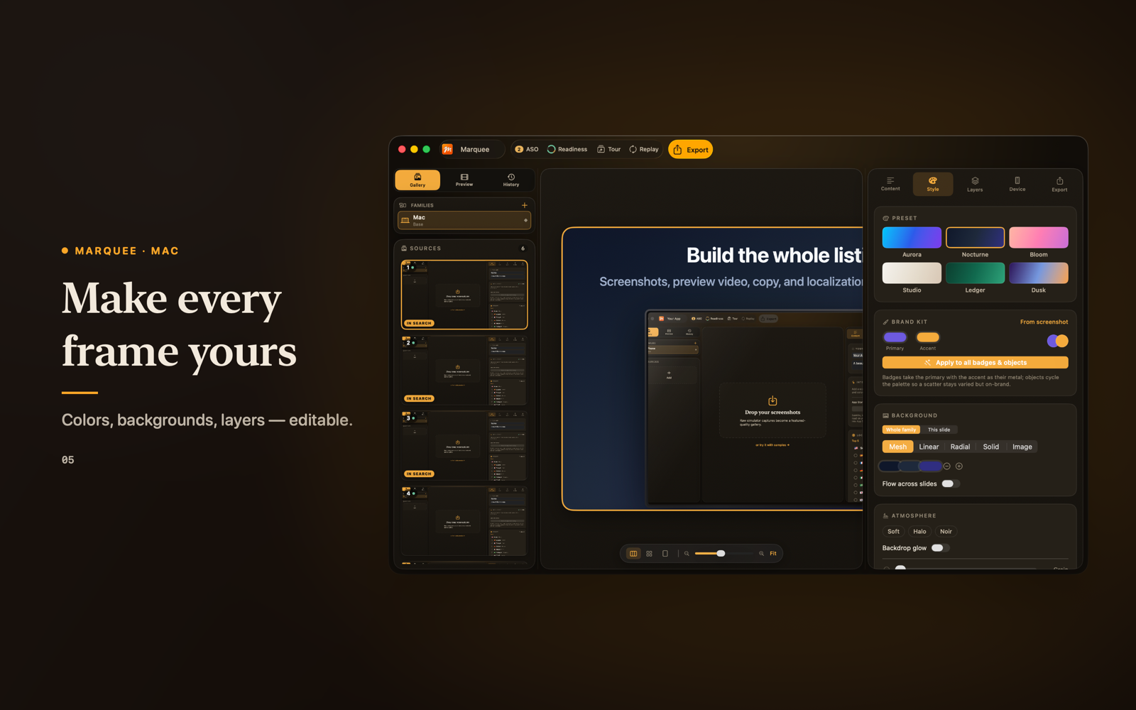 The Style inspector: preset, brand kit, background and atmosphere controls, editing live.